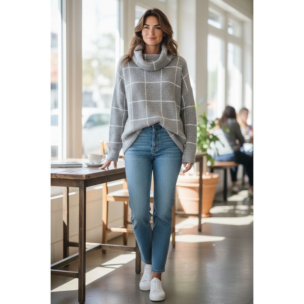 Lumiere Gray Windowpane Cowl Neck Sweater Tunic Soft Knit Cozy Pullover S